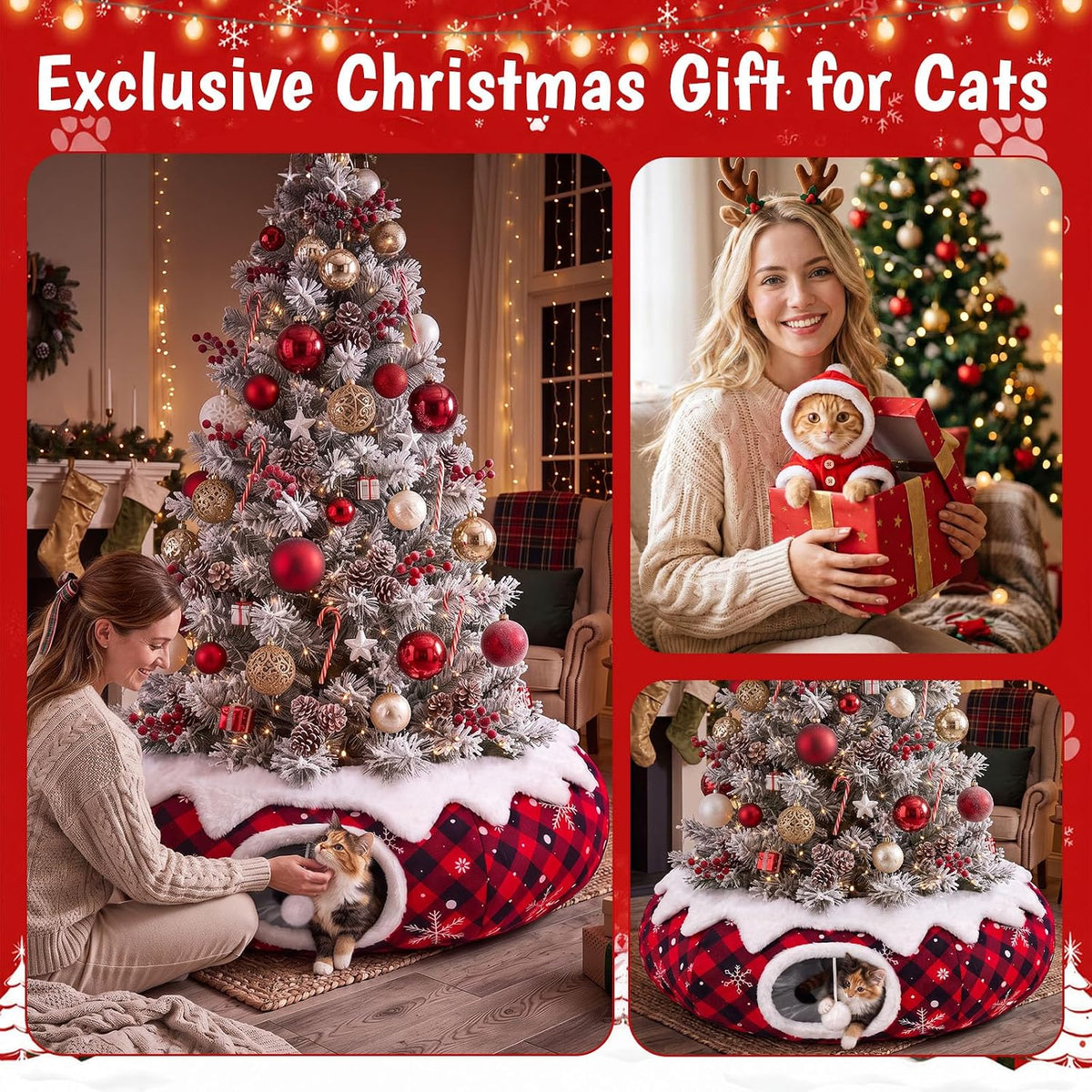 Cozy Cat Tunnel Bed + Christmas Tree Skirt