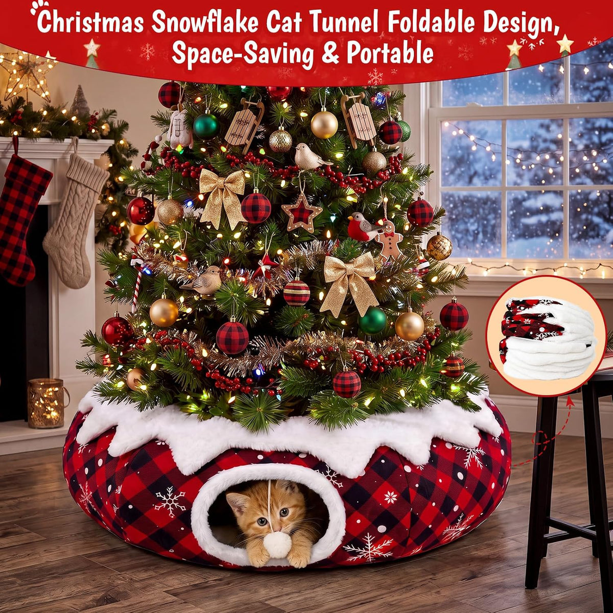 Cozy Cat Tunnel Bed + Christmas Tree Skirt