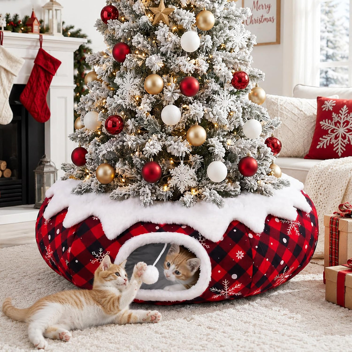 Cozy Cat Tunnel Bed + Christmas Tree Skirt